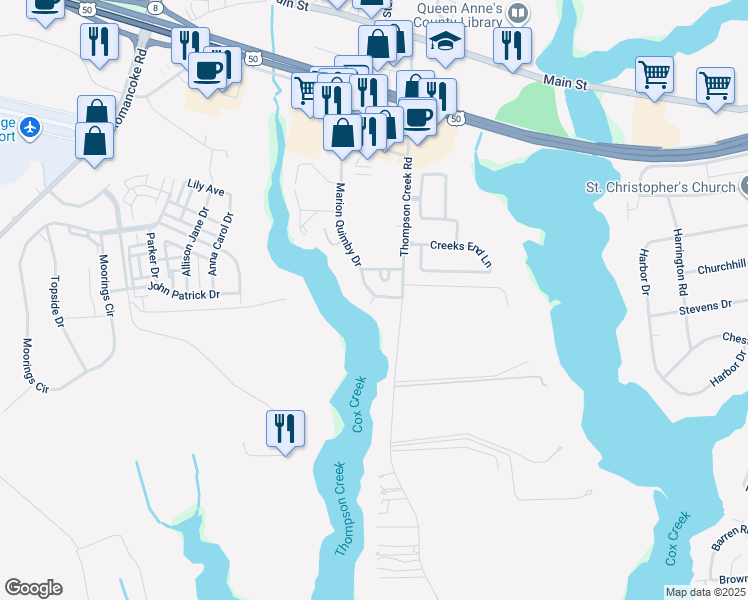 map of restaurants, bars, coffee shops, grocery stores, and more near 3 Mariners Way in Stevensville
