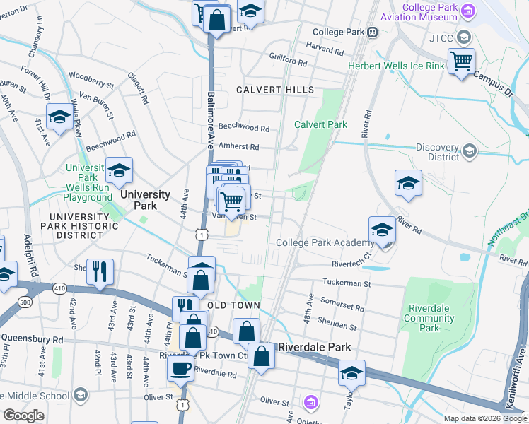 map of restaurants, bars, coffee shops, grocery stores, and more near 4650 Van Buren Street in Riverdale Park