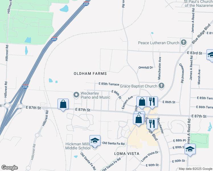 map of restaurants, bars, coffee shops, grocery stores, and more near 7101 East 85th Terrace in Kansas City