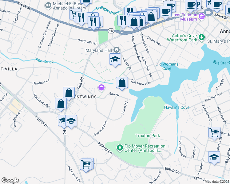 map of restaurants, bars, coffee shops, grocery stores, and more near 93 Spa Drive in Annapolis
