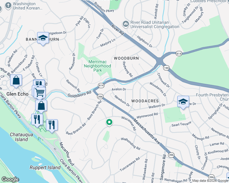map of restaurants, bars, coffee shops, grocery stores, and more near 6317 Newburn Drive in Bethesda