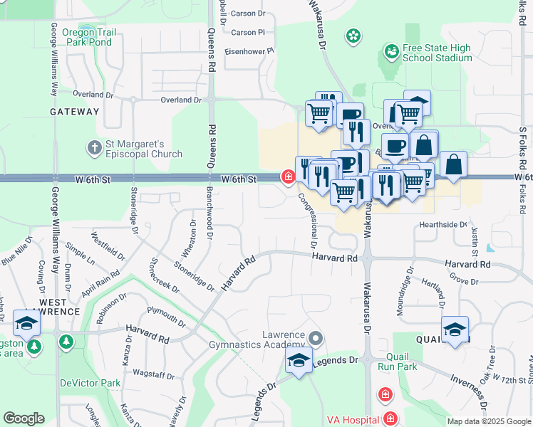 map of restaurants, bars, coffee shops, grocery stores, and more near 5214 Congressional Place in Lawrence