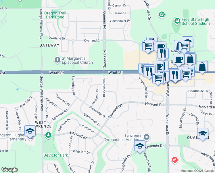map of restaurants, bars, coffee shops, grocery stores, and more near 5213 Branchwood Court in Lawrence