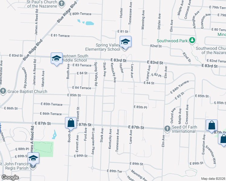 map of restaurants, bars, coffee shops, grocery stores, and more near 8821 East 84 Terrace in Raytown