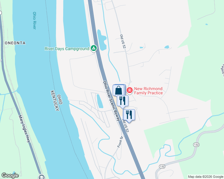 map of restaurants, bars, coffee shops, grocery stores, and more near 1031 Old US 52 in New Richmond