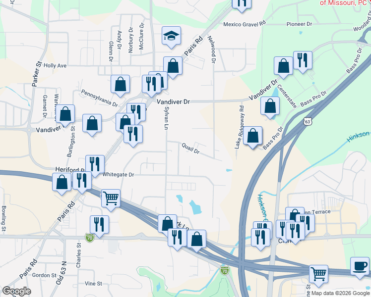map of restaurants, bars, coffee shops, grocery stores, and more near 2504 Quail Drive in Columbia