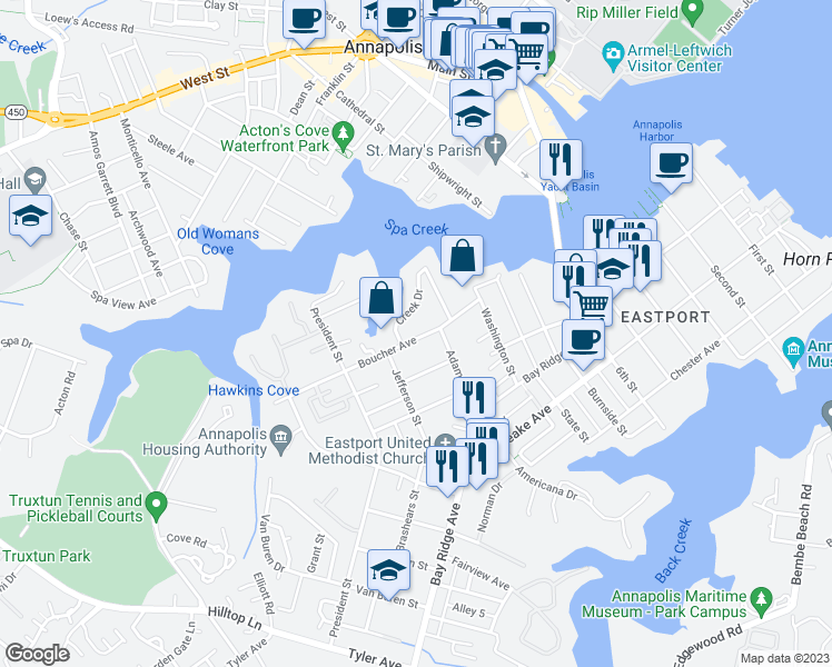 map of restaurants, bars, coffee shops, grocery stores, and more near 912 Boucher Avenue in Annapolis