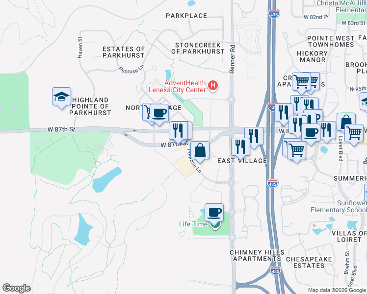 map of restaurants, bars, coffee shops, grocery stores, and more near 8750 Penrose Lane in Lenexa
