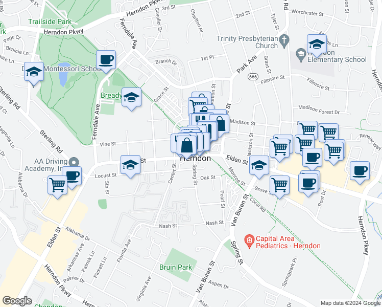 map of restaurants, bars, coffee shops, grocery stores, and more near 754 Elden Street in Herndon