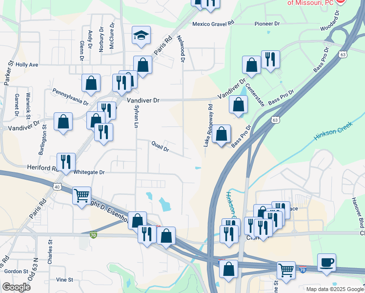 map of restaurants, bars, coffee shops, grocery stores, and more near 1707 Nelwood Drive in Columbia