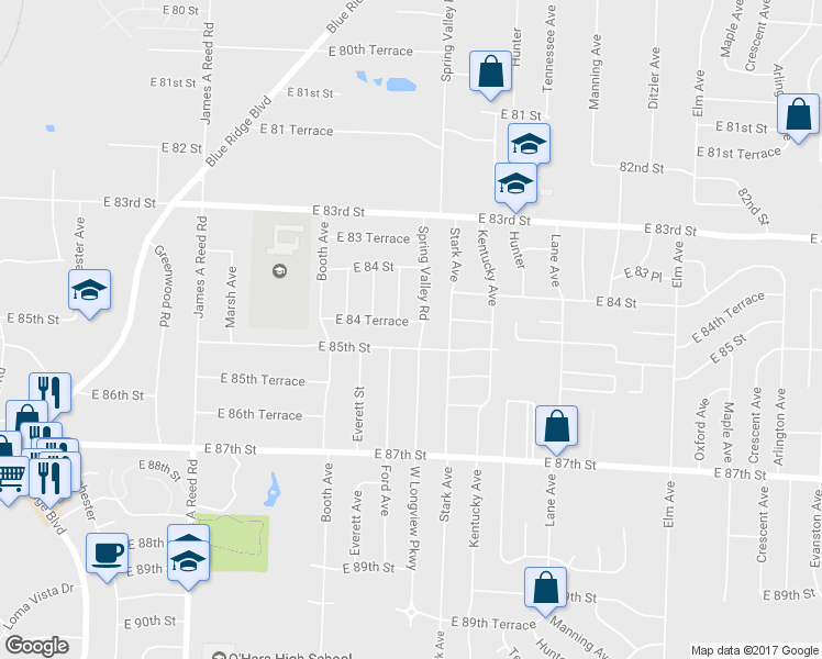 map of restaurants, bars, coffee shops, grocery stores, and more near 8711 East 84 Terrace in Raytown