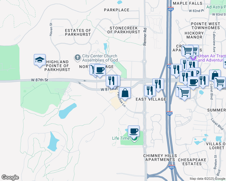 map of restaurants, bars, coffee shops, grocery stores, and more near 8750 Penrose Lane in Lenexa