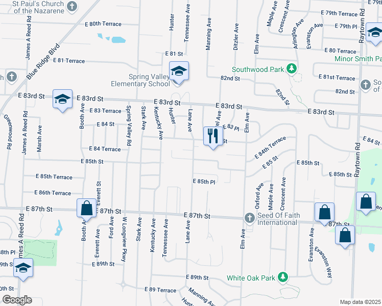 map of restaurants, bars, coffee shops, grocery stores, and more near 8434 Lane Place in Raytown