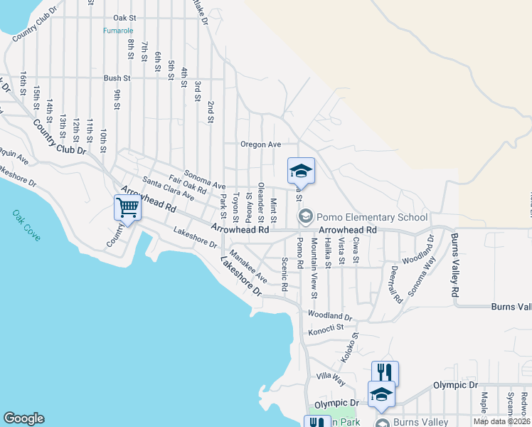 map of restaurants, bars, coffee shops, grocery stores, and more near 3626 Oleander Street in Clearlake