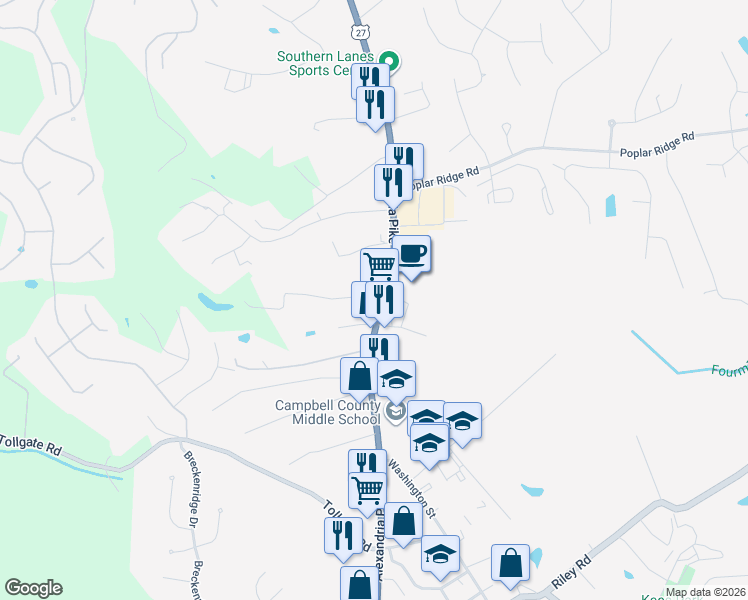 map of restaurants, bars, coffee shops, grocery stores, and more near 7901 Alexandria Pike in Alexandria
