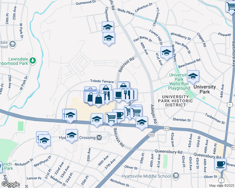 map of restaurants, bars, coffee shops, grocery stores, and more near 3308 Toledo Road in Hyattsville
