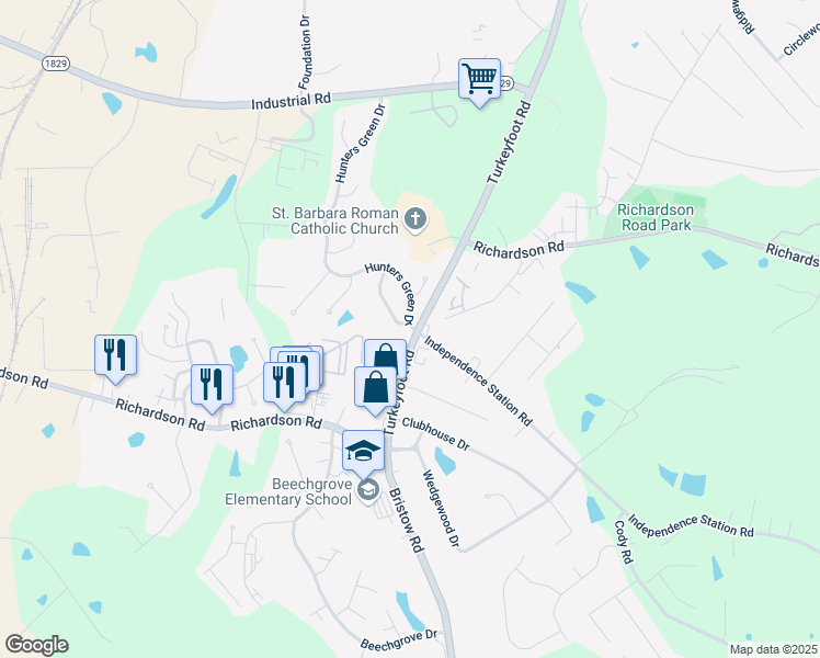 map of restaurants, bars, coffee shops, grocery stores, and more near 4028 Turkeyfoot Road in Independence