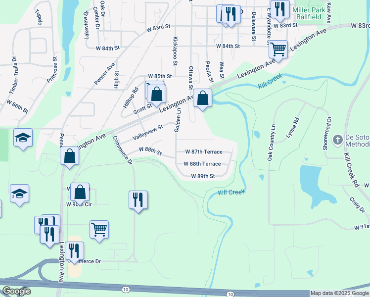 map of restaurants, bars, coffee shops, grocery stores, and more near 33382 West 87th Terrace in De Soto