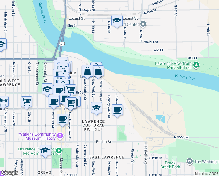 map of restaurants, bars, coffee shops, grocery stores, and more near 620 East 8th Street in Lawrence