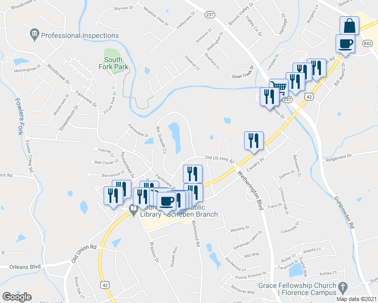 map of restaurants, bars, coffee shops, grocery stores, and more near 44 Rio Grande Circle in Florence