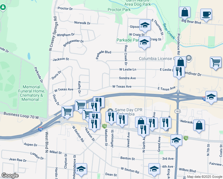 map of restaurants, bars, coffee shops, grocery stores, and more near 404 West Texas Avenue in Columbia