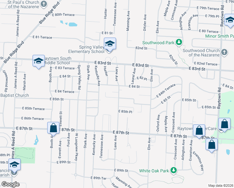 map of restaurants, bars, coffee shops, grocery stores, and more near 8434 Lane Place in Raytown