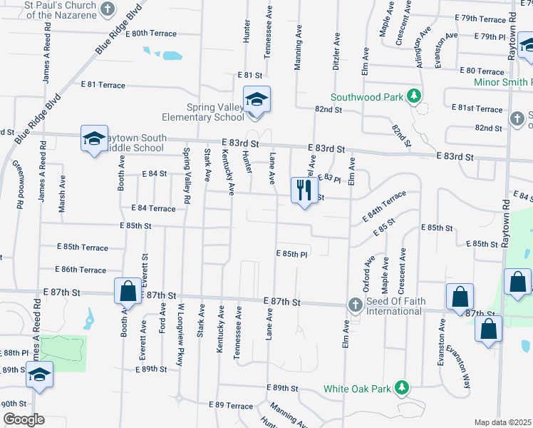 map of restaurants, bars, coffee shops, grocery stores, and more near 8434 Lane Place in Raytown