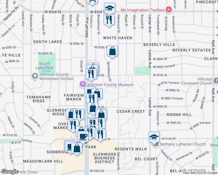 map of restaurants, bars, coffee shops, grocery stores, and more near 8747 West Broadmoor in Overland Park