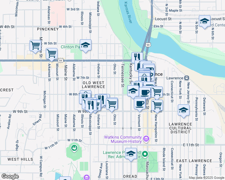 map of restaurants, bars, coffee shops, grocery stores, and more near 735 Ohio Street in Lawrence