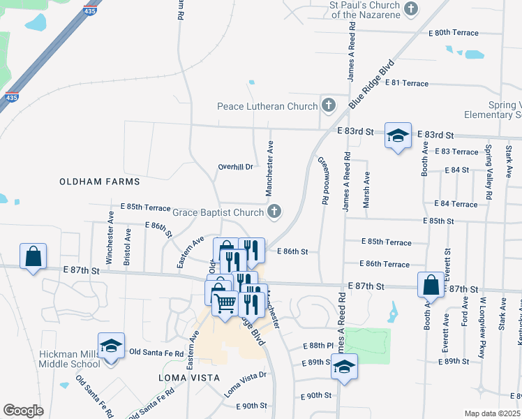 map of restaurants, bars, coffee shops, grocery stores, and more near 7609 East 85 Street in Kansas City