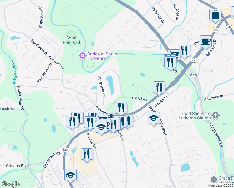 map of restaurants, bars, coffee shops, grocery stores, and more near 44 Rio Grande Circle in Florence
