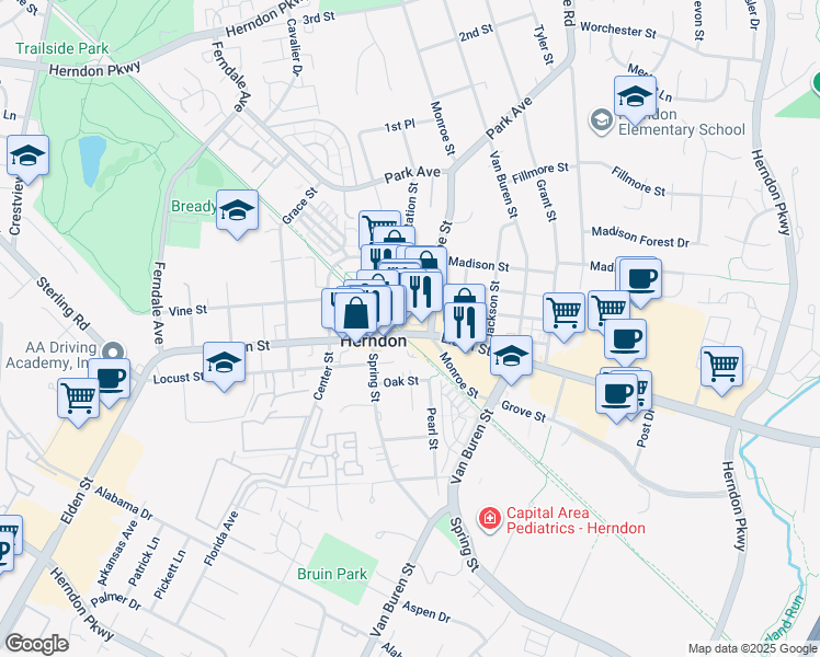 map of restaurants, bars, coffee shops, grocery stores, and more near 702 Elden Street in Herndon