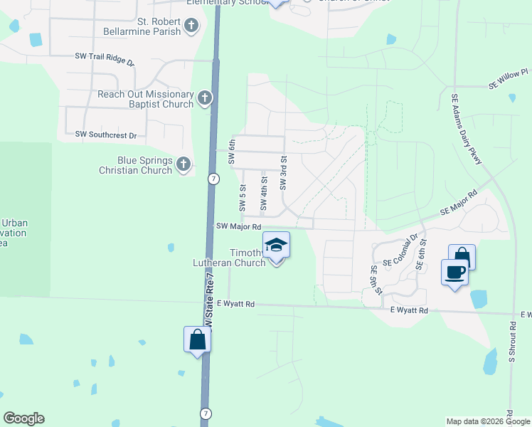 map of restaurants, bars, coffee shops, grocery stores, and more near 321 Southwest Carson Drive in Blue Springs