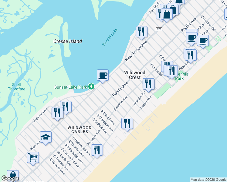 map of restaurants, bars, coffee shops, grocery stores, and more near 120 Farragut Road in Wildwood Crest