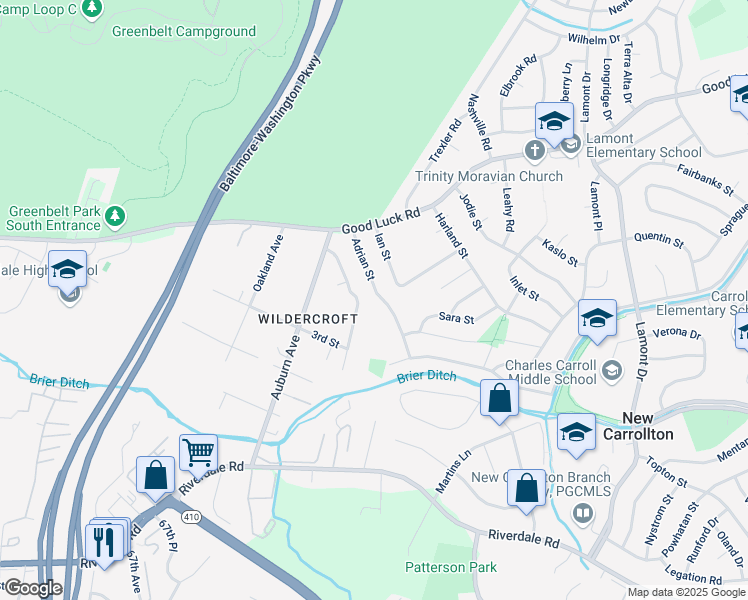 map of restaurants, bars, coffee shops, grocery stores, and more near 6622 Adrian Street in New Carrollton