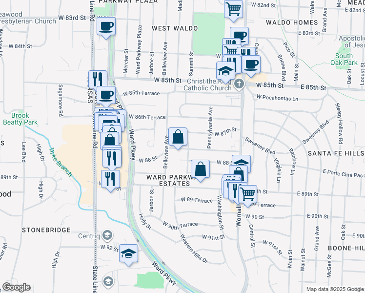 map of restaurants, bars, coffee shops, grocery stores, and more near 8713 Summit Street in Kansas City