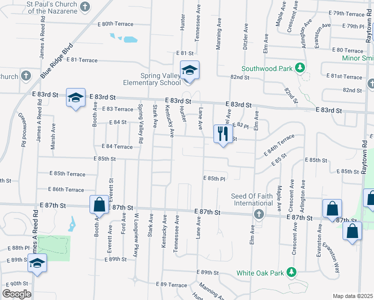 map of restaurants, bars, coffee shops, grocery stores, and more near 8450 Lane Drive in Raytown