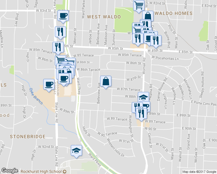 map of restaurants, bars, coffee shops, grocery stores, and more near 8713 Summit Street in Kansas City