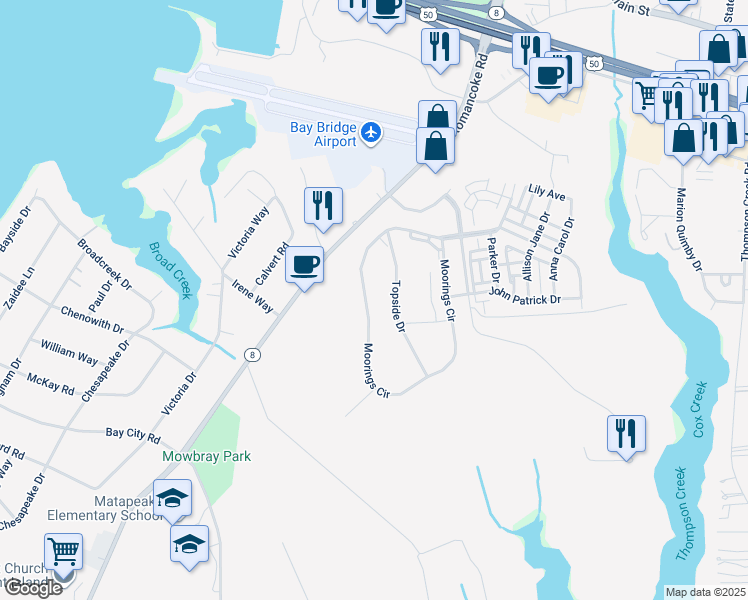 map of restaurants, bars, coffee shops, grocery stores, and more near 407 Moorings Circle in Stevensville