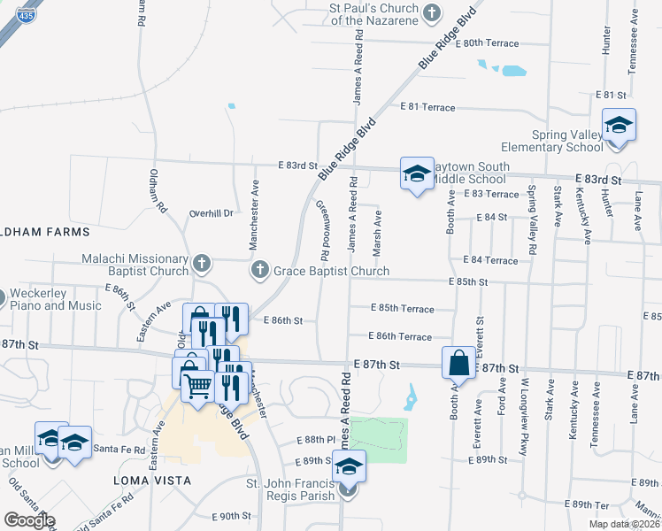 map of restaurants, bars, coffee shops, grocery stores, and more near 8501 Greenwood Road in Raytown