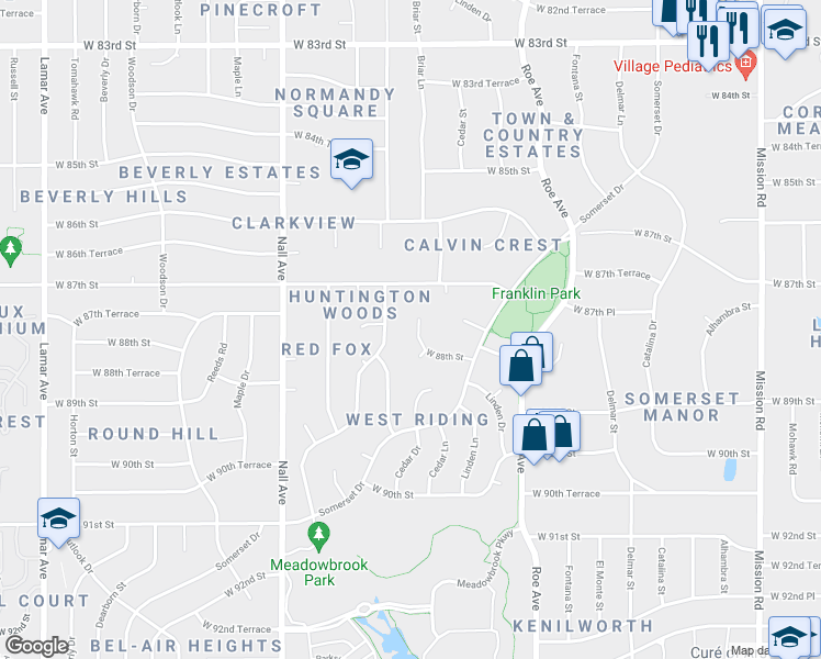 map of restaurants, bars, coffee shops, grocery stores, and more near 4969 West 88th Street in Prairie Village