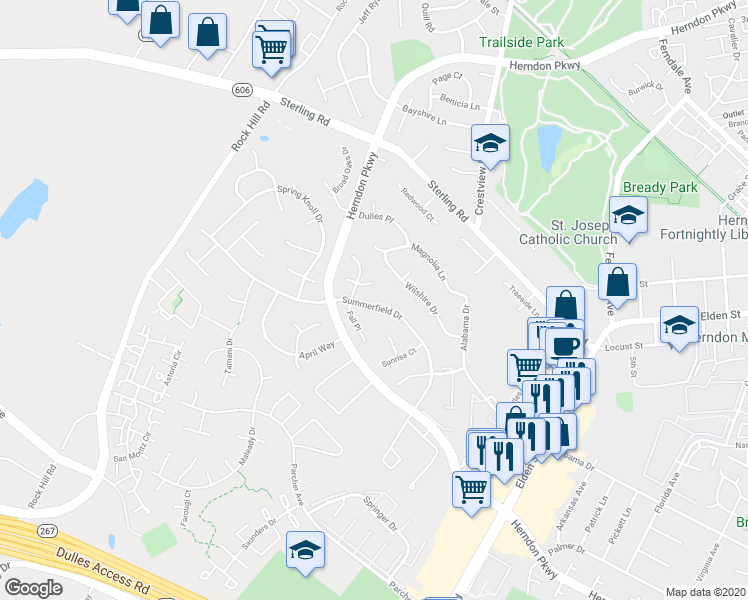 map of restaurants, bars, coffee shops, grocery stores, and more near 1236 Summerfield Drive in Herndon