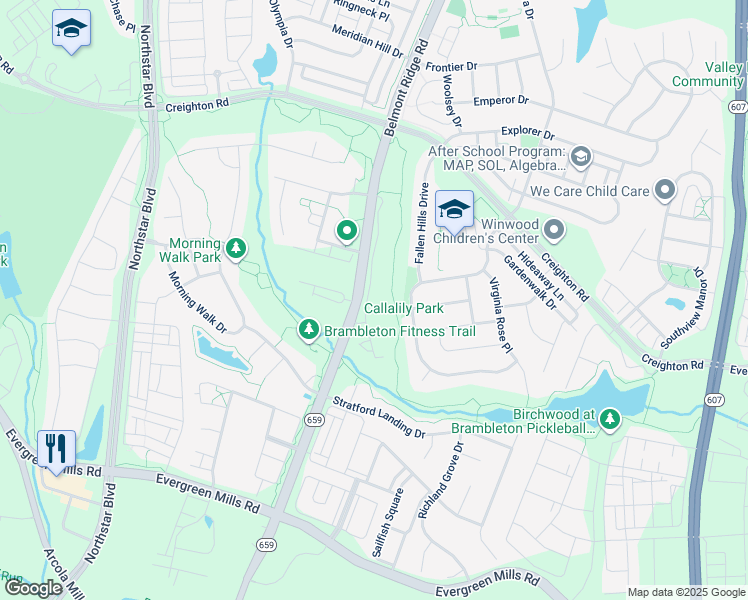 map of restaurants, bars, coffee shops, grocery stores, and more near 23370 Evening Primrose Square in Ashburn