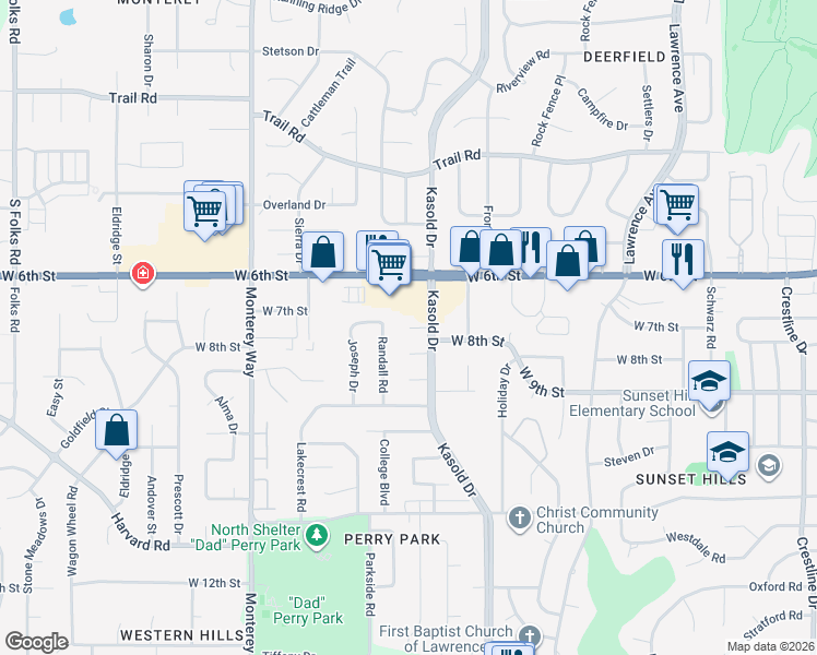 map of restaurants, bars, coffee shops, grocery stores, and more near 799 Kasold Drive in Lawrence