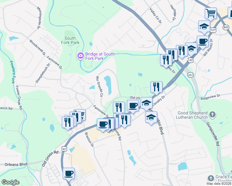 map of restaurants, bars, coffee shops, grocery stores, and more near 44 Rio Grande Circle in Florence