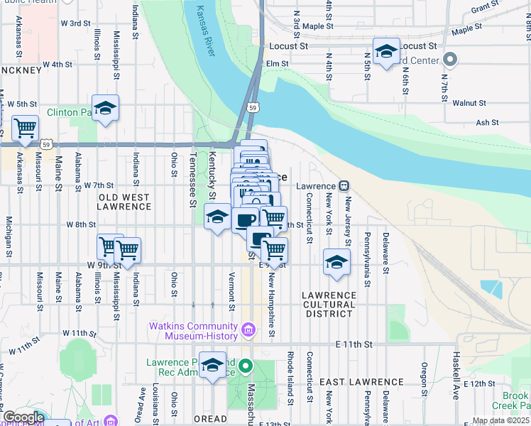 map of restaurants, bars, coffee shops, grocery stores, and more near 735 New Hampshire Street in Lawrence