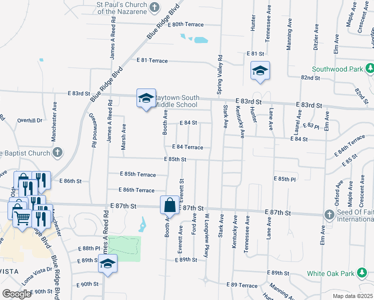 map of restaurants, bars, coffee shops, grocery stores, and more near 8613 East 84 Terrace in Raytown