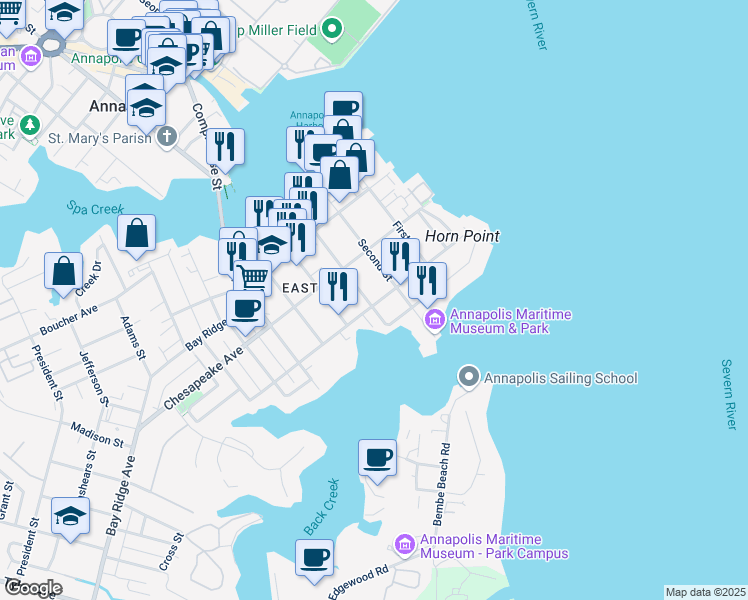 map of restaurants, bars, coffee shops, grocery stores, and more near 525 Third Street in Annapolis
