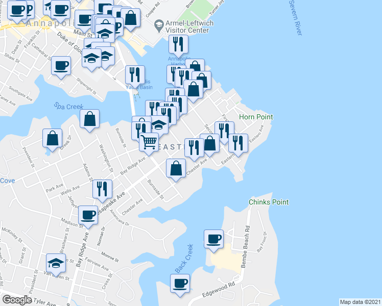 map of restaurants, bars, coffee shops, grocery stores, and more near 513 Fourth Street in Annapolis