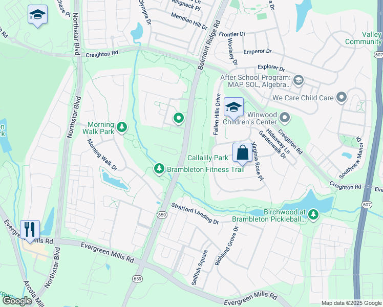 map of restaurants, bars, coffee shops, grocery stores, and more near 23370 Evening Primrose Square in Ashburn